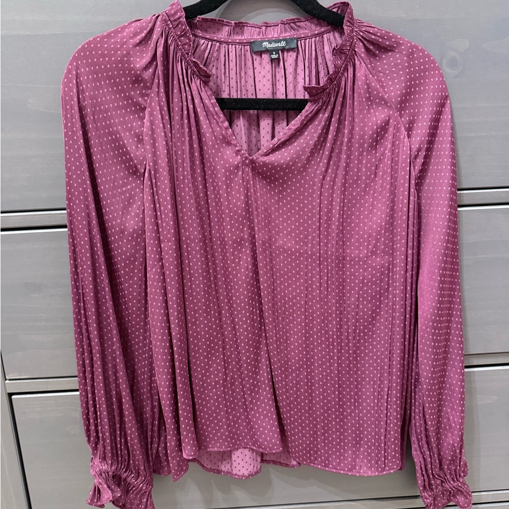 Madewell long-sleeve blouse w/ delicate dotted pattern and a ruffled neckline